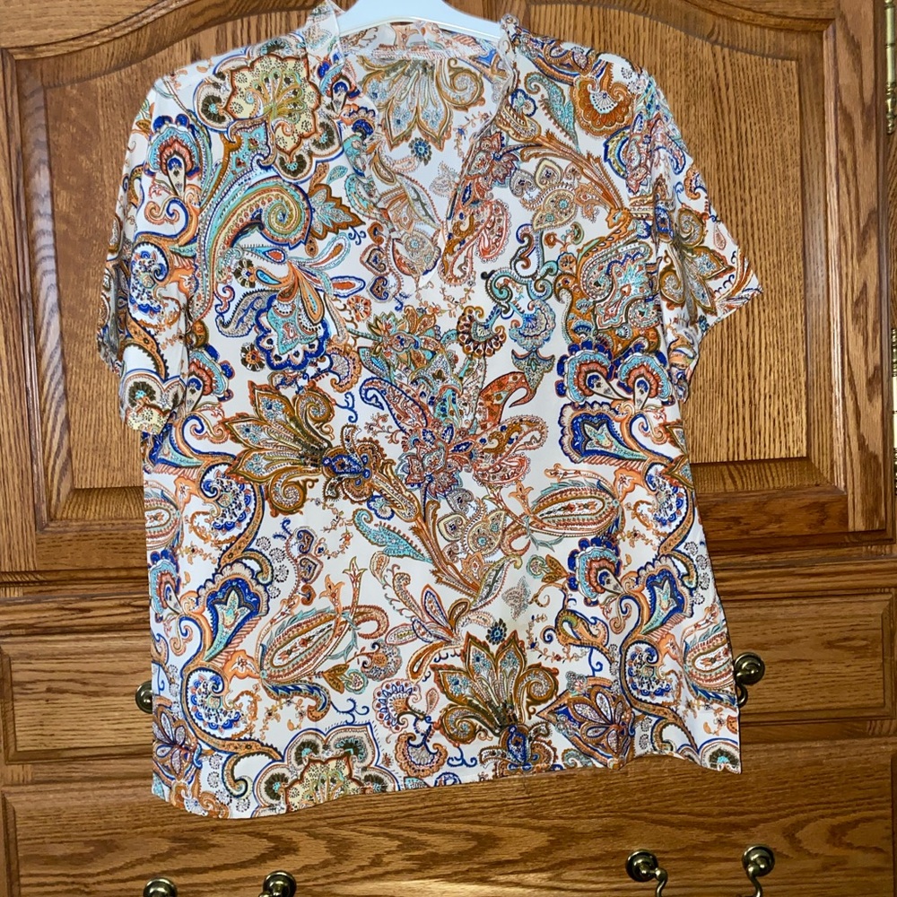 Woman's Paisley Short Sleeve blouse with ruffle around neck